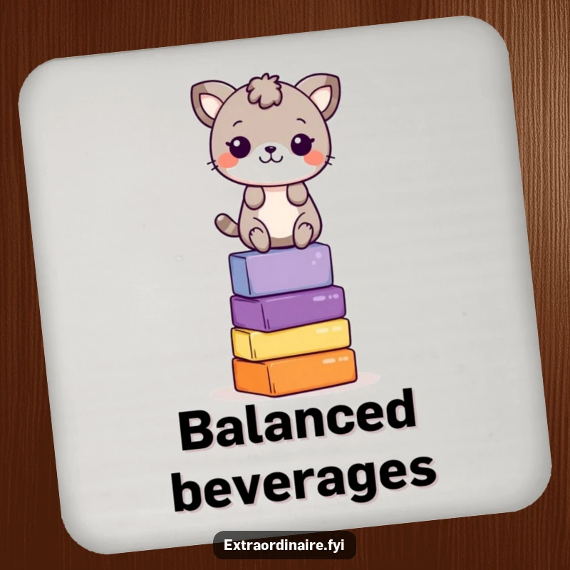 Funny Drink Coaster: Featuring a playful animal character balancing on colorful blocks, adding fun to your drink station.