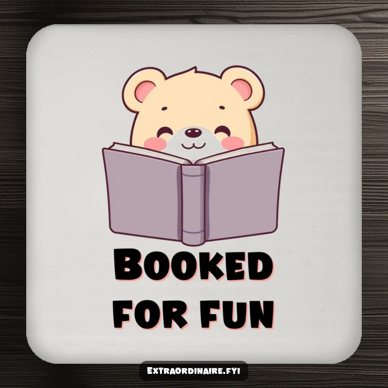 Funny drink coaster with a bear peeking from behind a book, protecting surfaces with literary humor and charm.
