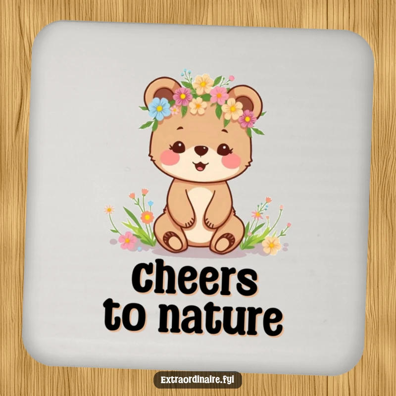 Funny drink coaster with a happy bear cub wearing a wildflower crown, adding a touch of nature.