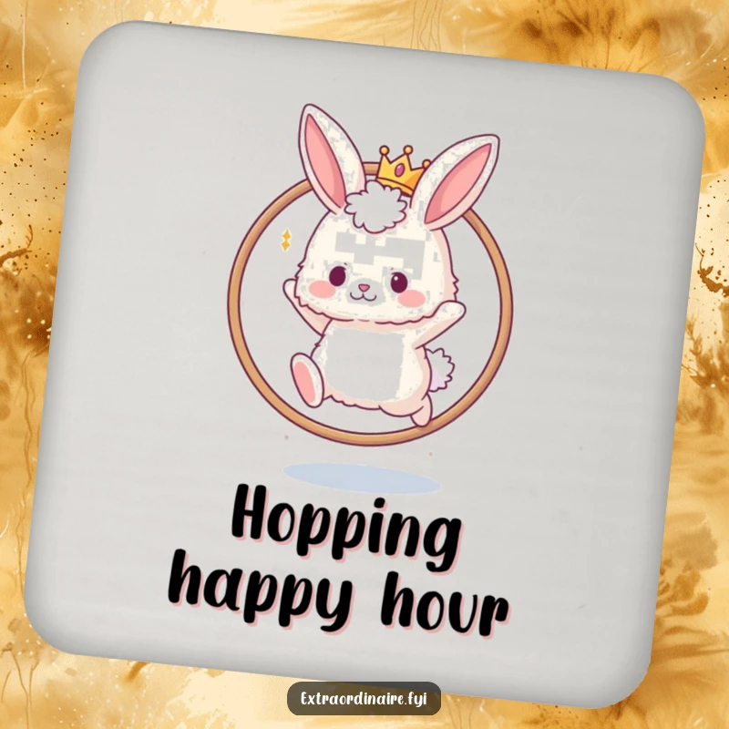 Funny drink coasters showcasing a fluffy bunny in a tiny crown leaping through a hoop. Adds charm and protection.