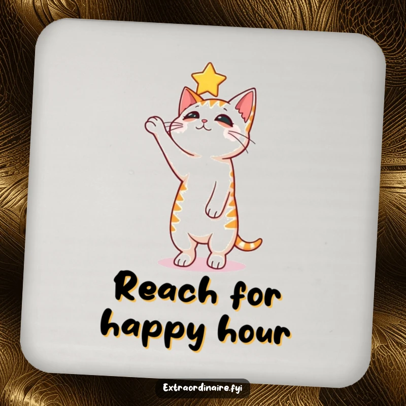 Funny curious cat coasters, depicting a cat balancing on hind legs reaching for a star.
