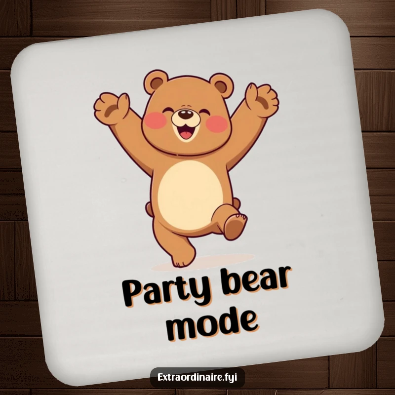 A funny dancing bear performing a cartwheel with pure elation on a durable drink coaster, adding fun to tabletops.