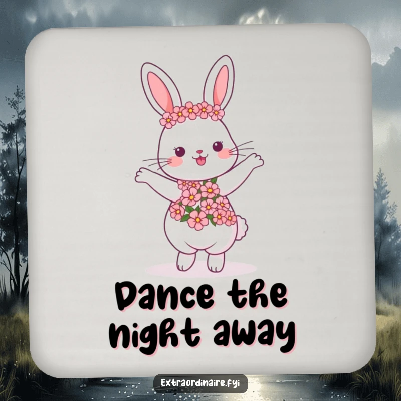 Funny dancing rabbit drink coaster, wearing a flower garland, protects surfaces, adds joy and humor, great funny gift.