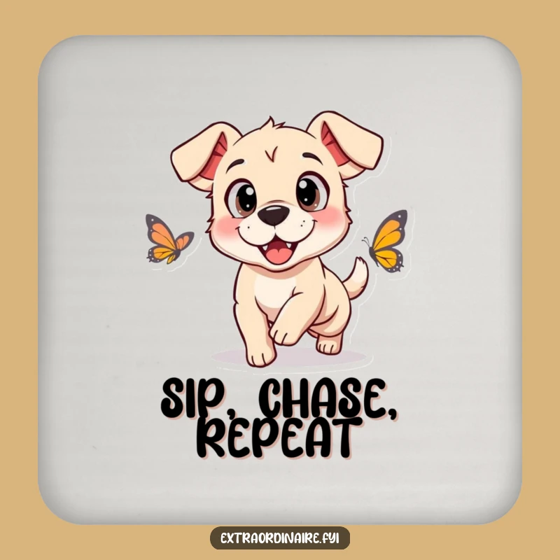 Funny Dog Butterfly Chase Coaster: Protect Surfaces with Playful Pet Art