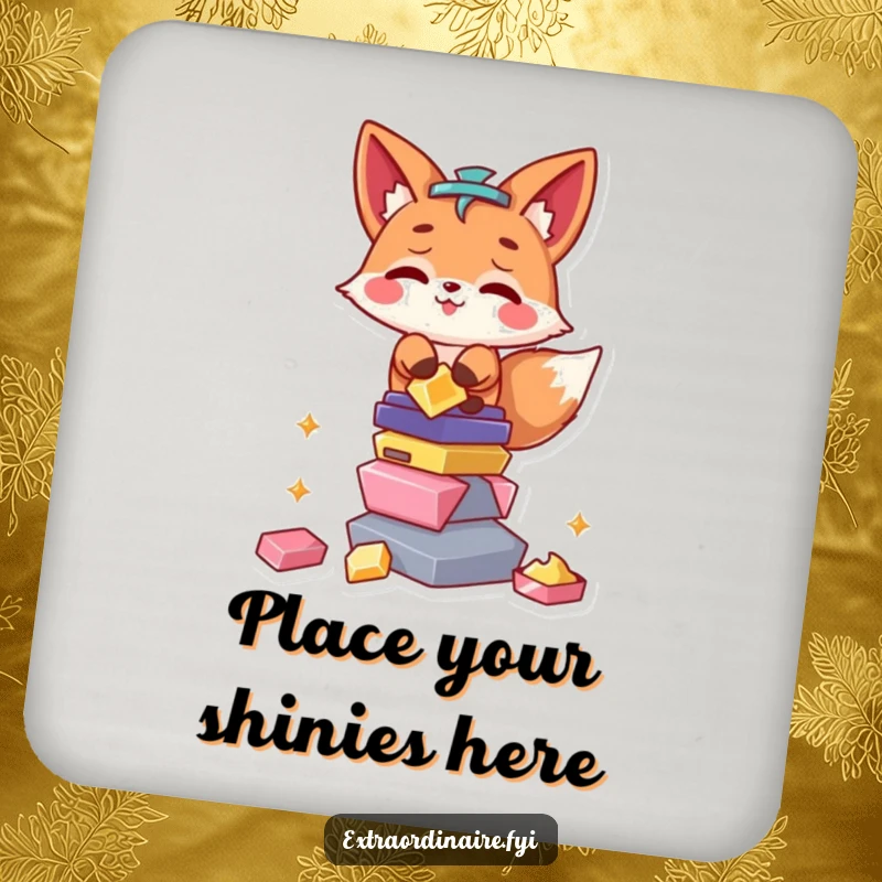 Funny Fox Drink Coaster: A mischievous fox character guarding a stack of shiny, metallic objects.