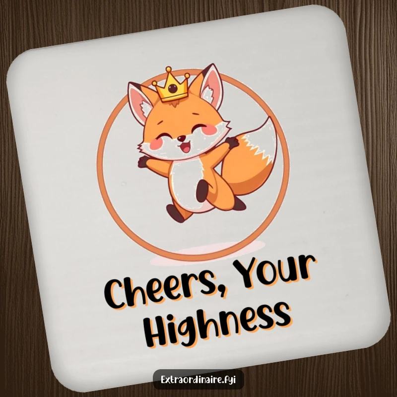 Funny drink coasters featuring a cheerful fox wearing a crown, leaping through a hoop, adding playful royalty.