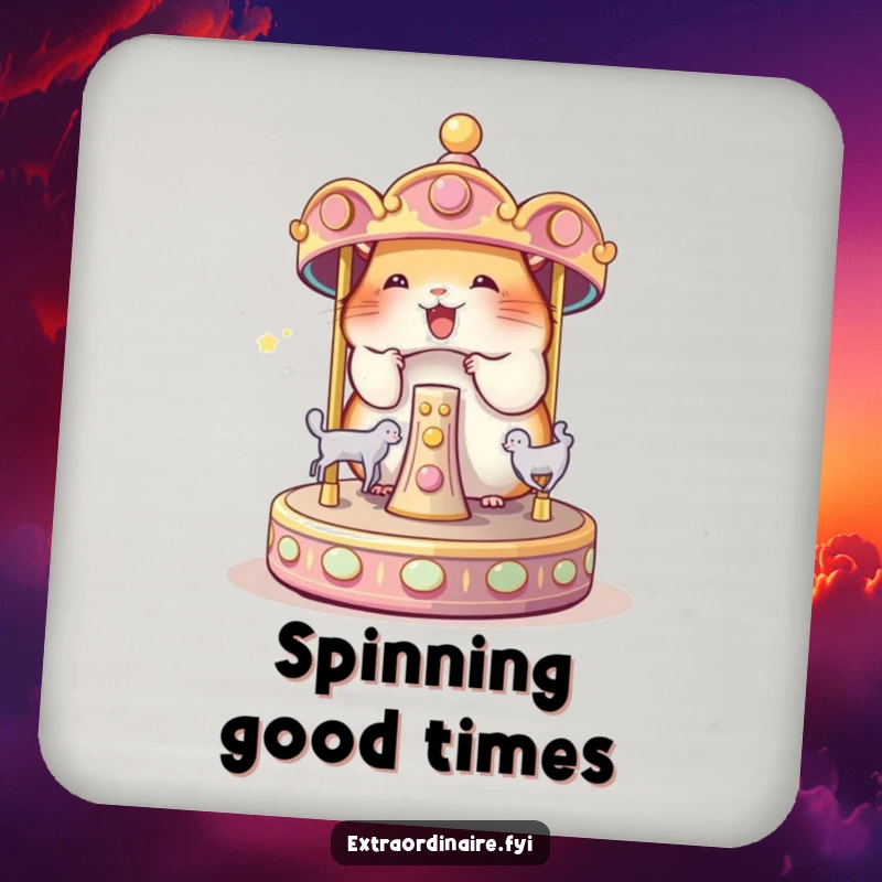 Funny Hamster Carousel Coaster: A happy hamster spinning a tiny magical carousel, adding funny protection to furniture.