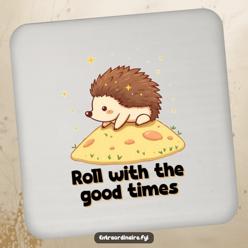 Funny Hedgehog Stardust Drink Coasters depicting a happy hedgehog rolling down a hill covered in stardust, protecting surfaces with magic.