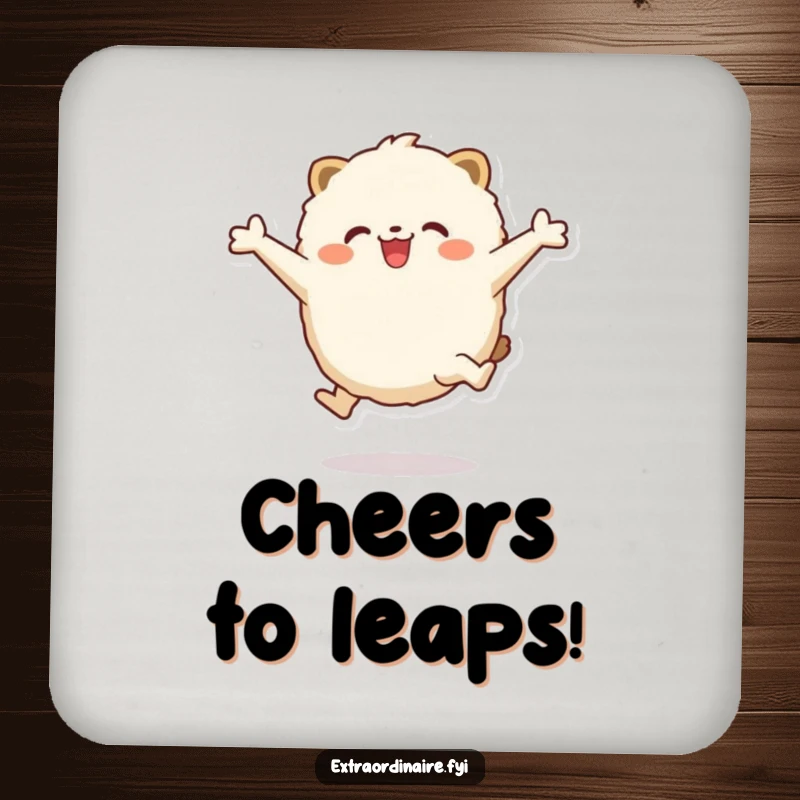 Funny Drink Coaster: Featuring a fluffy, round animal character ecstatically leaping, adding a pop of fun to your drink.