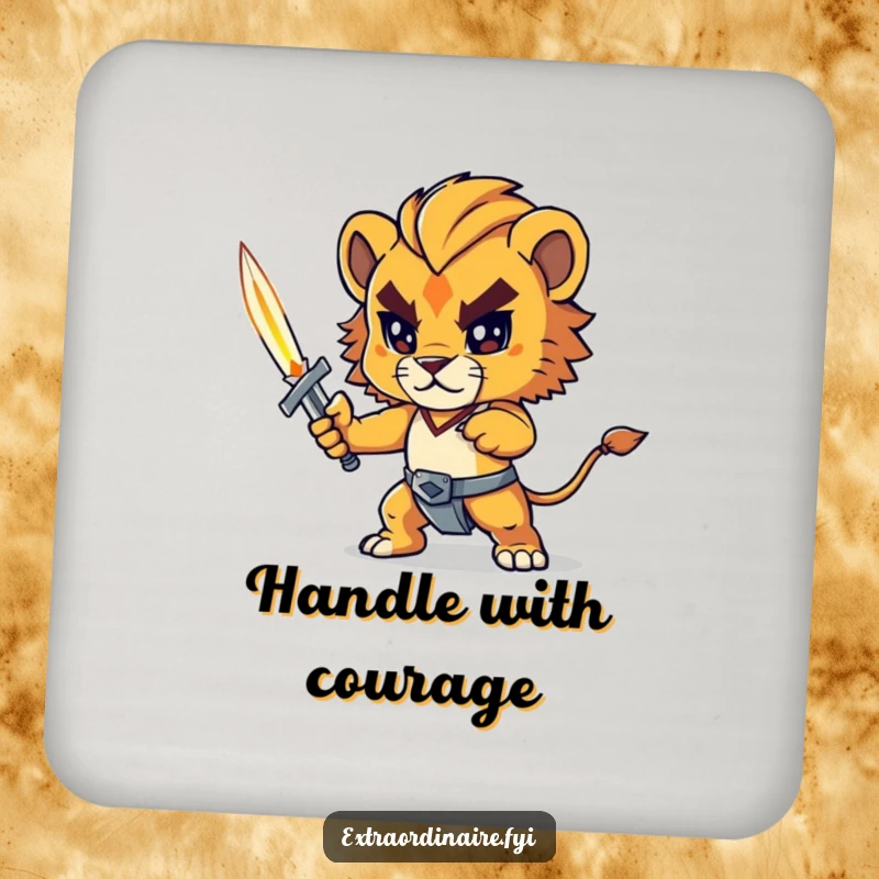 Funny lion cub coaster, a determined lion cub holding a tiny sword, protecting tabletops, humorous drink accessory.