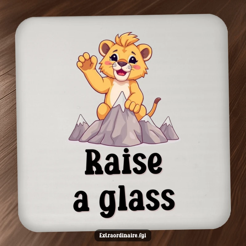 Funny lion cub victory drink coaster, a cub raising paws after conquering miniature mountains.