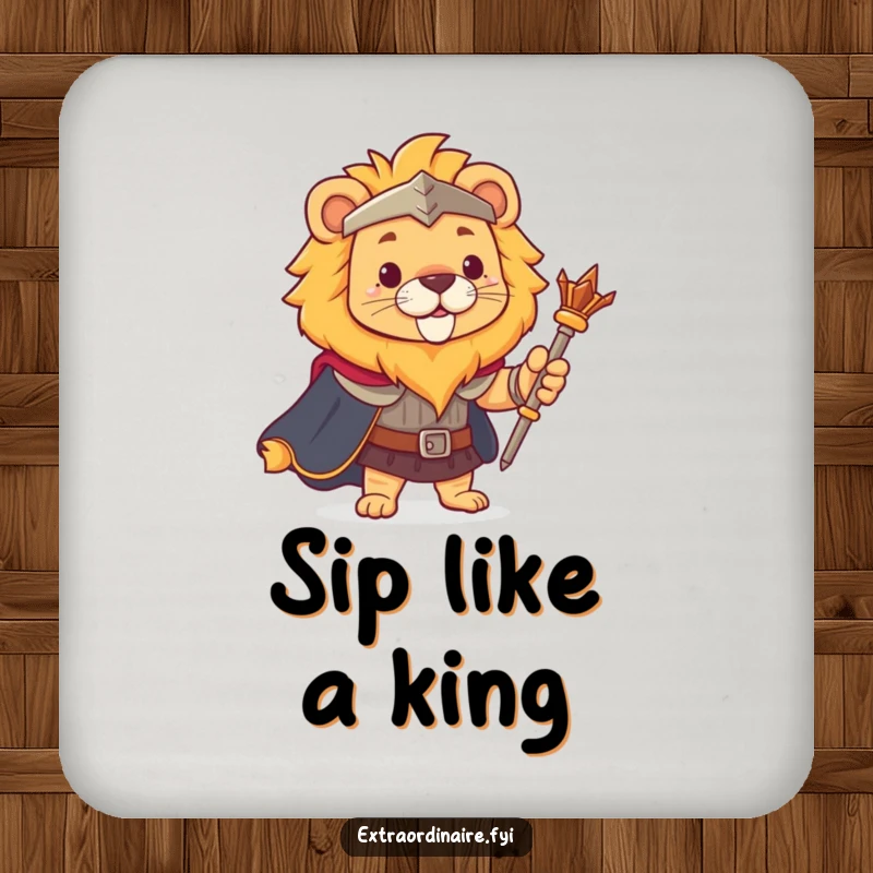 Funny lion coaster, wearing a cape and holding a scepter, providing regal and brave protection to surfaces.