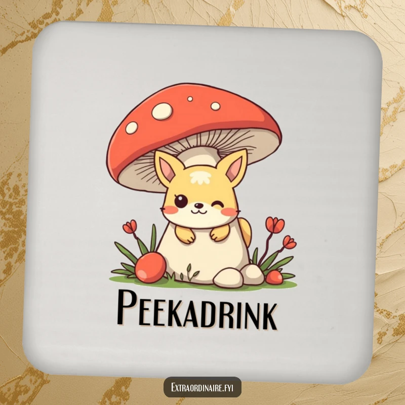 Funny mischievous animal character hiding behind a giant mushroom, peeking out to guard drinks on a coaster.
