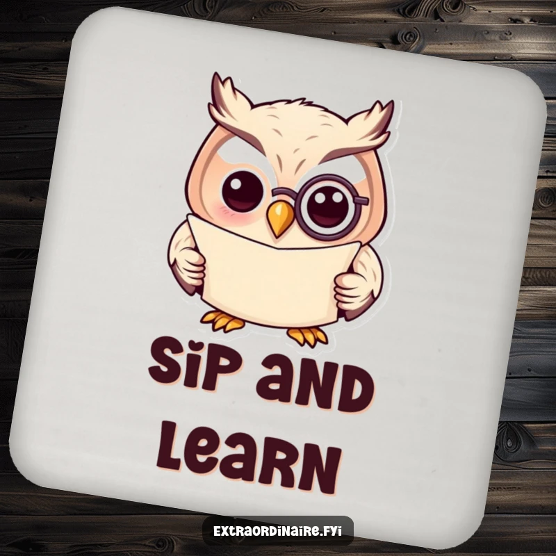 Funny drink coaster with a wise owl wearing a monocle and reading a scroll, adding sophisticated humor to tables.