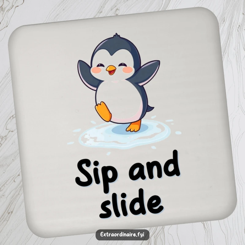 Funny penguin dance coaster showing a penguin doing a comical dance on ice, preventing drink rings with humor.