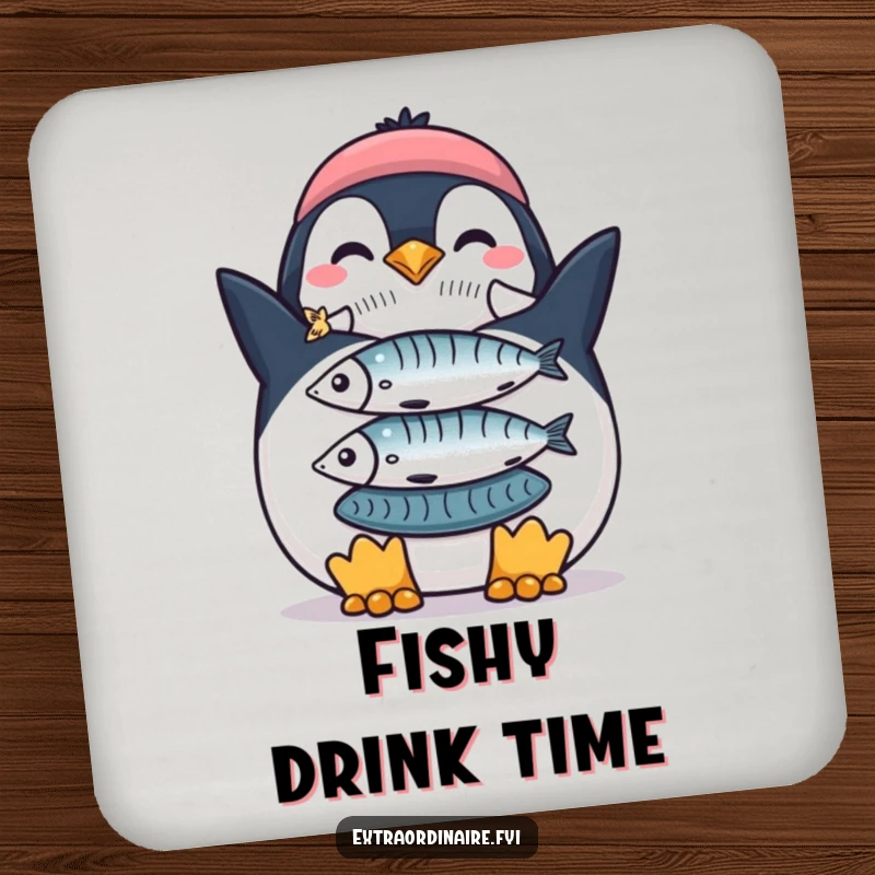 Funny Penguin Fish Stack Coaster: A proud penguin with a stack of fish, offering funny protection to surfaces.