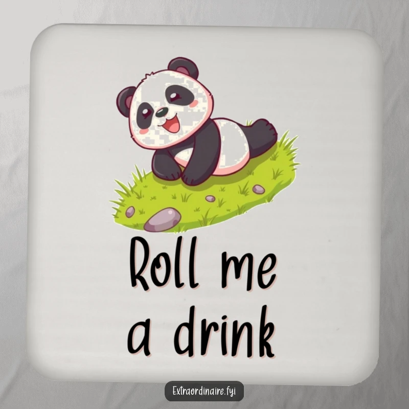 Funny drink coaster featuring a playful panda character rolling down a hill with glee, protecting surfaces with cheerful motion.