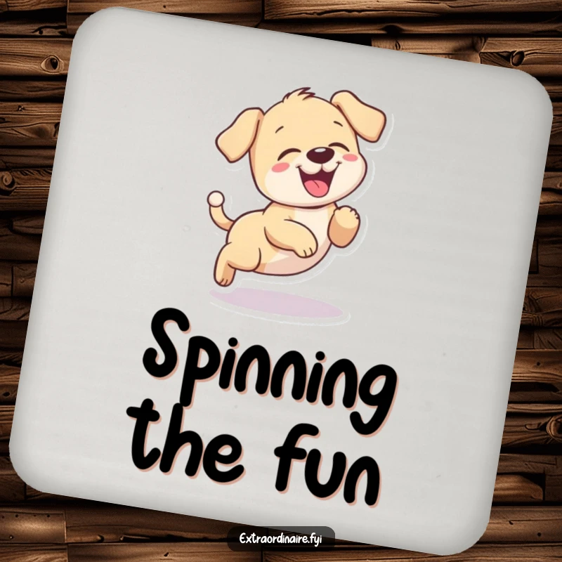 Funny puppy giggling coasters, depicting a playful dog chasing its tail in a circle.