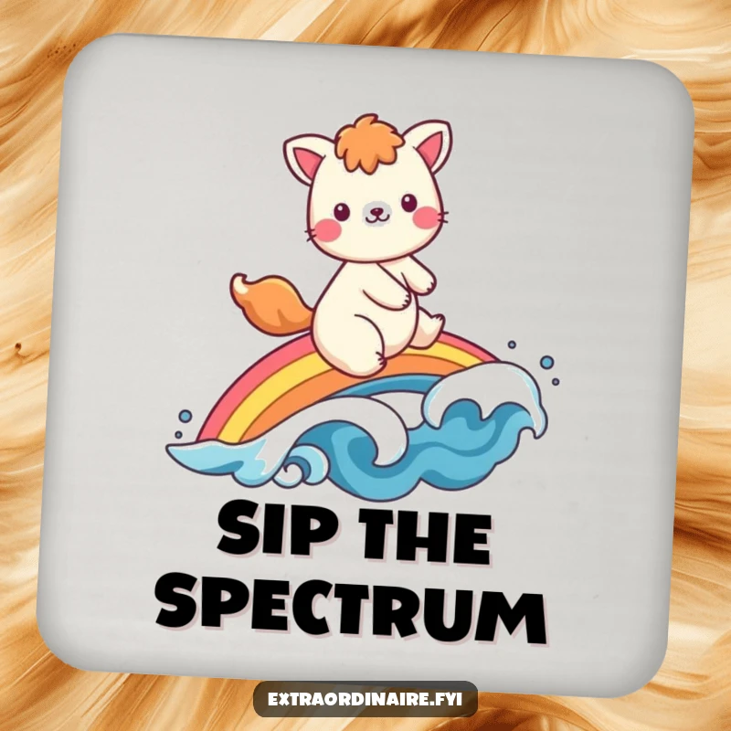 Funny drink coaster with a smiling animal character riding a vibrant rainbow, waving hello, bringing cheer to tabletops.