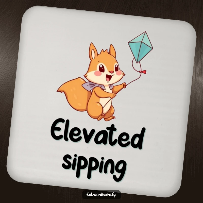 Funny Squirrel Drink Coaster: A brave squirrel character riding a kite.