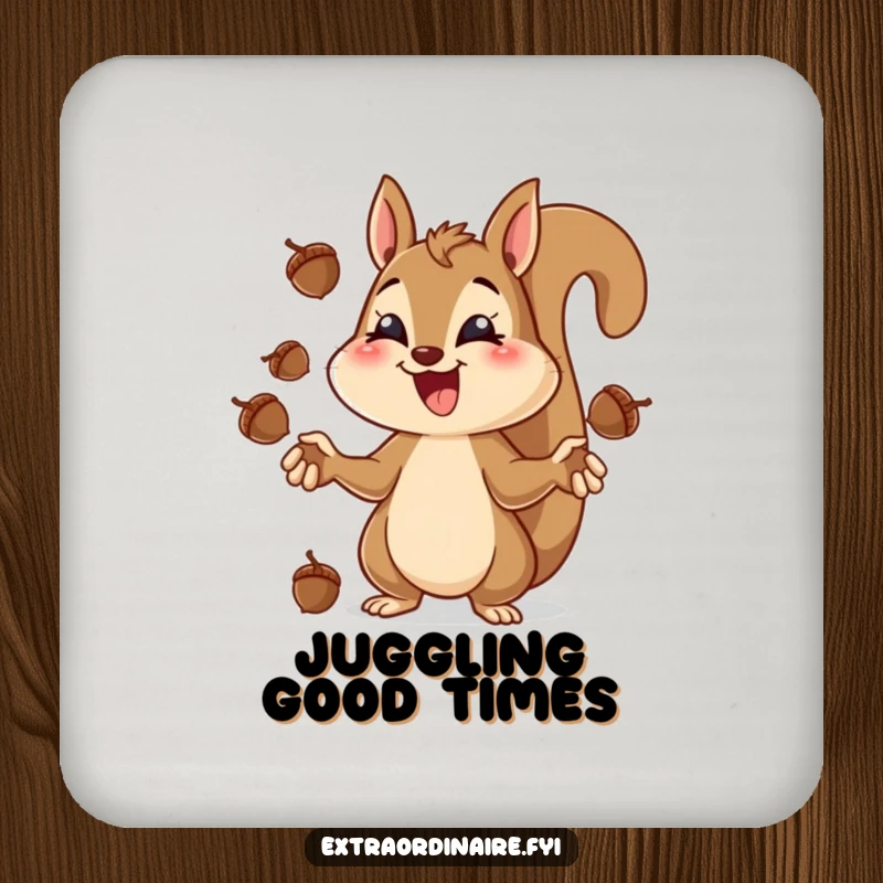 Funny squirrel juggling coasters, depicting a squirrel concentrating hard while juggling acorns.