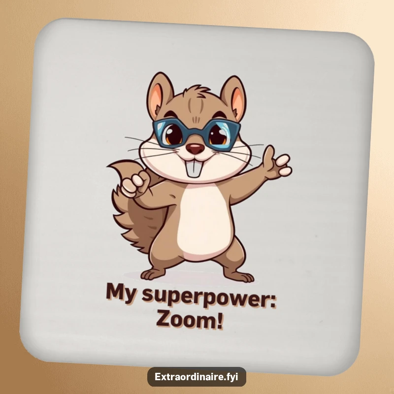 Funny squirrel superhero coasters, a mischievous rodent striking a heroic pose, protecting surfaces with style and humor.