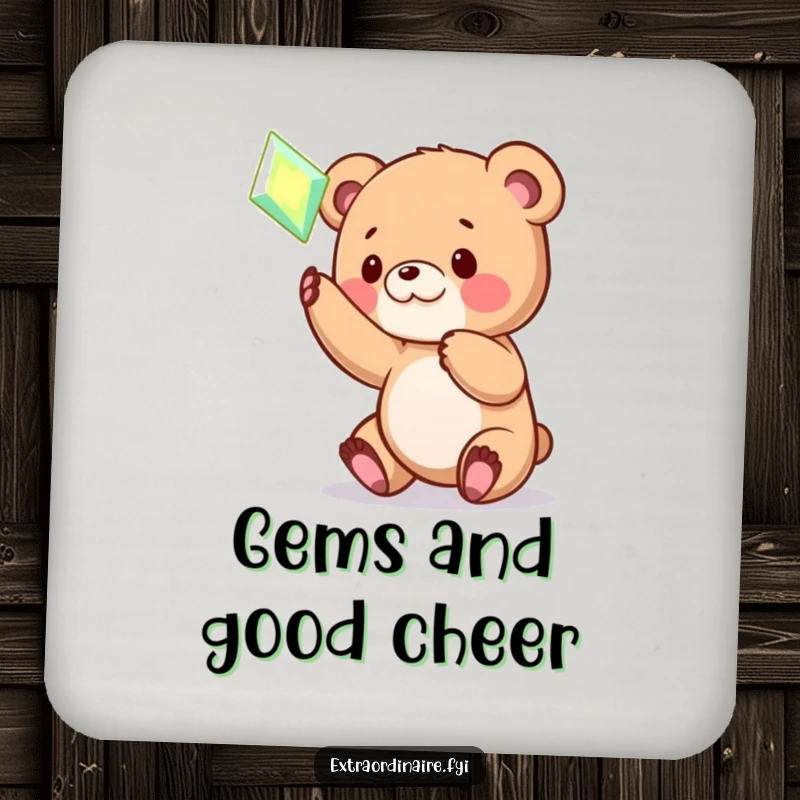 Funny Bear Cub Gem Coaster: A coaster featuring a funny image of a playful bear cub batting at a bright, hovering, magical gem.