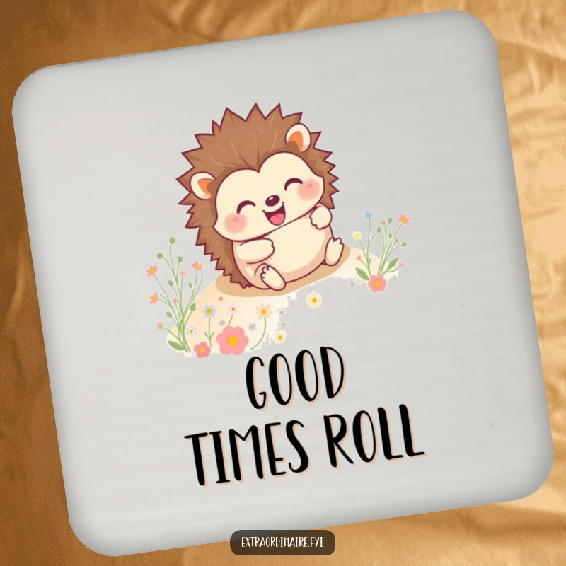 A funny hedgehog rolling with a grin through flowers on a durable drink coaster, adding cheer to tabletops.