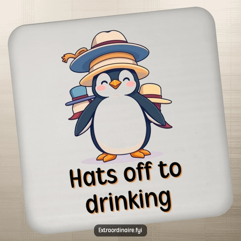 Funny Penguin Hat Stack Coaster: A silly penguin balances large hats, offering humorous protection and a playful touch to your drinks.