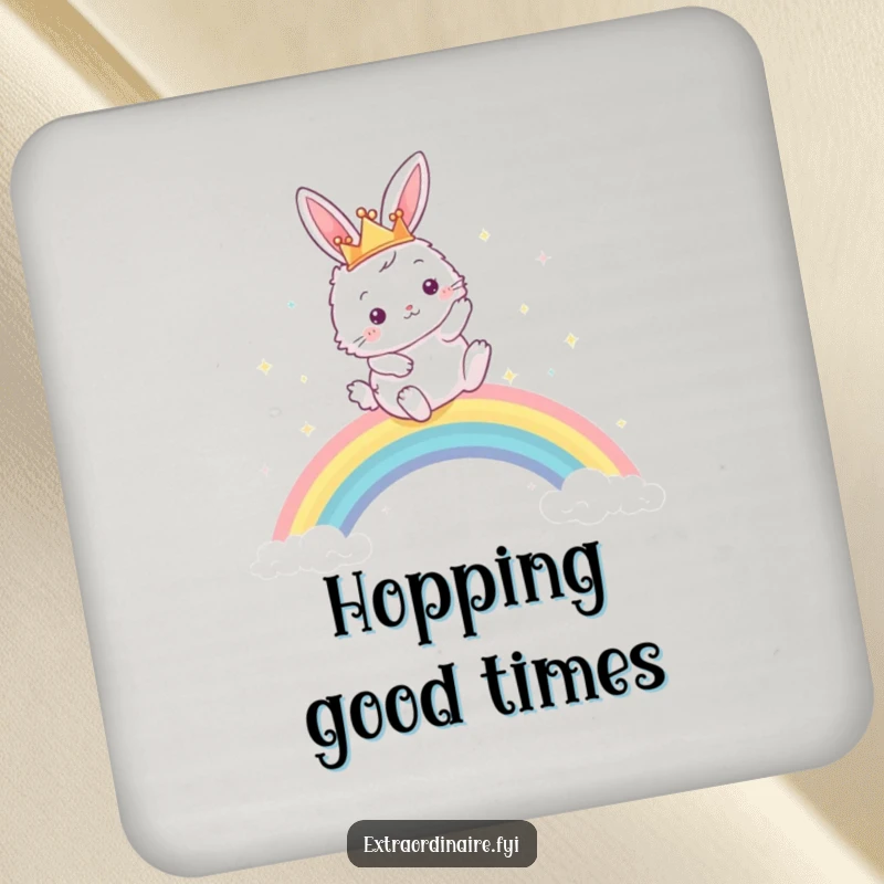 Funny drink coaster featuring a crowned fluffy bunny leaping over a vibrant rainbow, adding whimsical protection to surfaces.