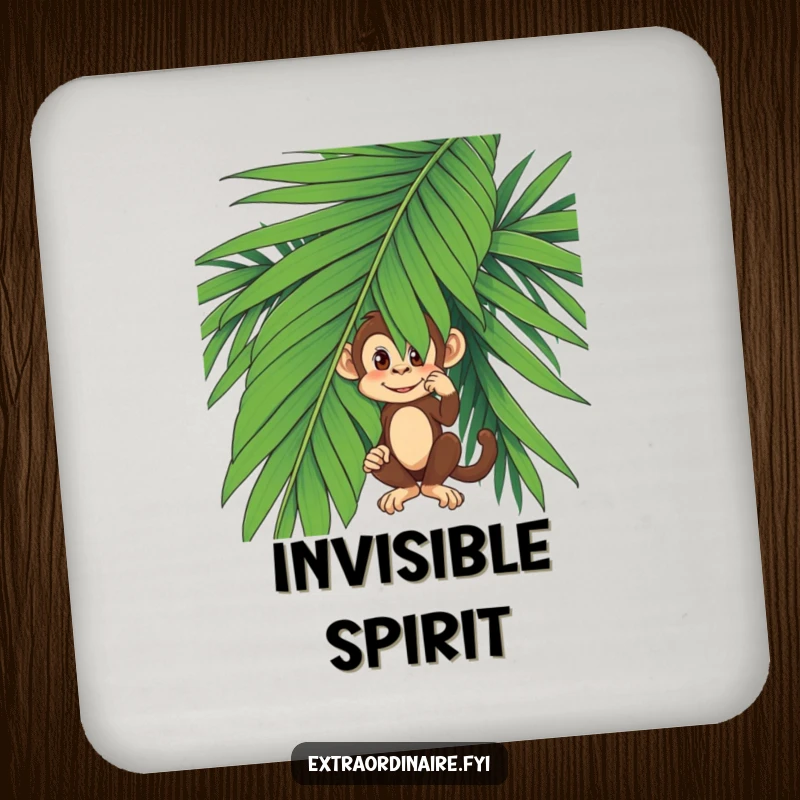 Funny monkey peeking from behind a palm leaf on a durable drink coaster, adding character to tabletops.