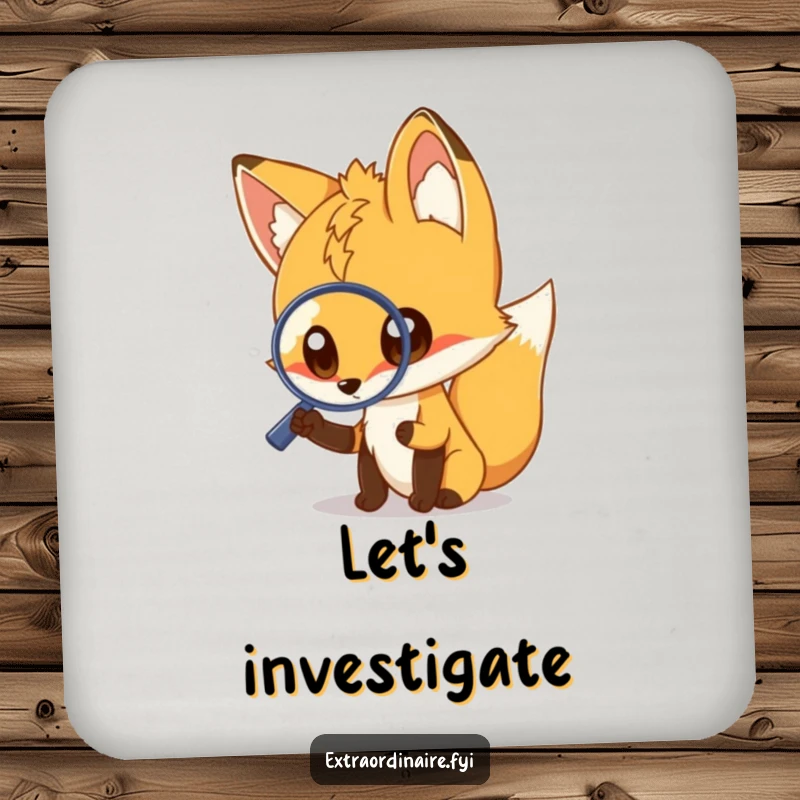 Funny fox drink coaster, protecting surfaces with humor, featuring a curious fox and a magnifying glass, stylish and functional funny gift.