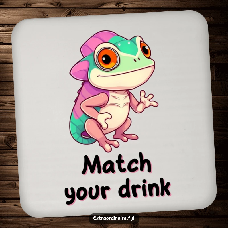 Funny confident chameleon character displaying vibrant colors on a drink coaster, adding bold style to home decor, a humorous and practical item.
