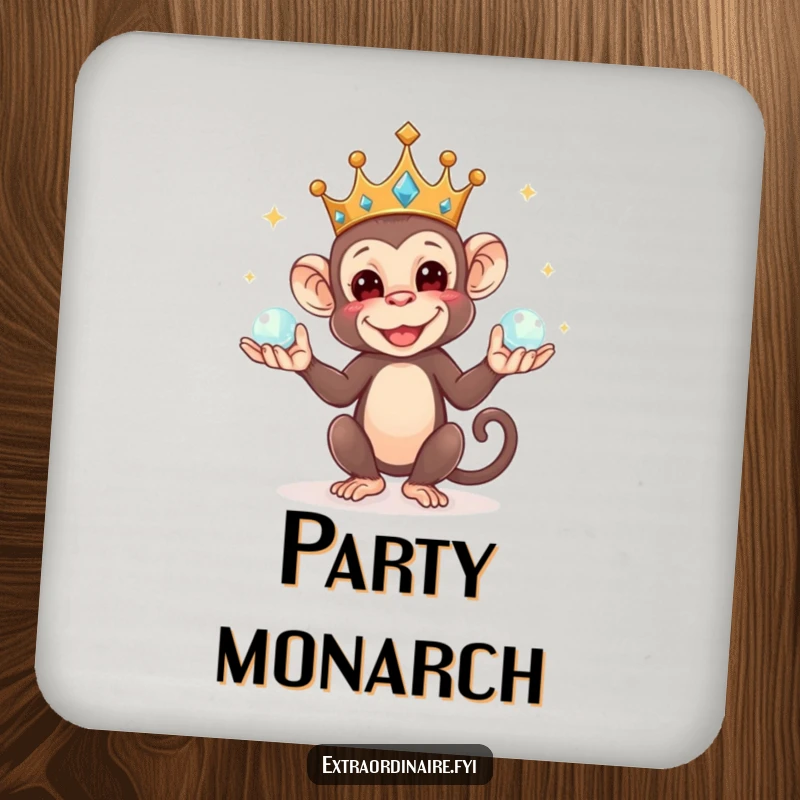 Funny drink coaster featuring a mischievous crowned monkey juggling sparkling orbs, adding a touch of regal humor to any surface.