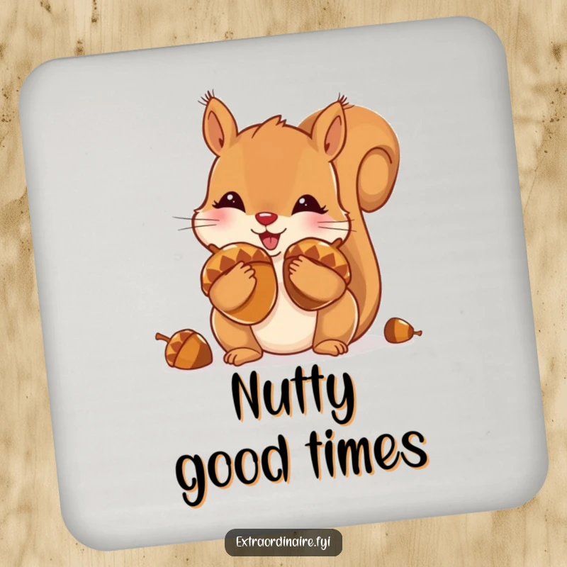 Funny drink coaster with a playful squirrel stuffing its cheeks with shiny acorns, adding whimsical protection.