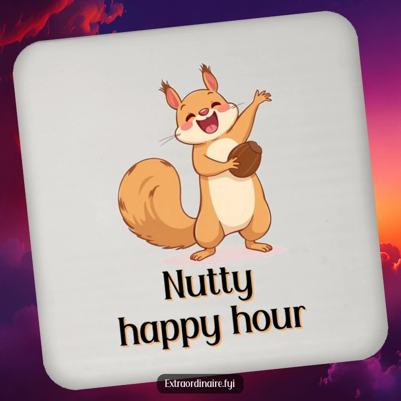Funny Squirrel Flip Coaster: A joyful squirrel doing a funny acrobatic flip with a nut, offering surface protection.