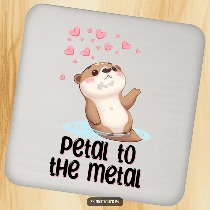 Funny otter petal coaster showing an otter looking at falling petals, adding a touch of whimsical humor to drink service.