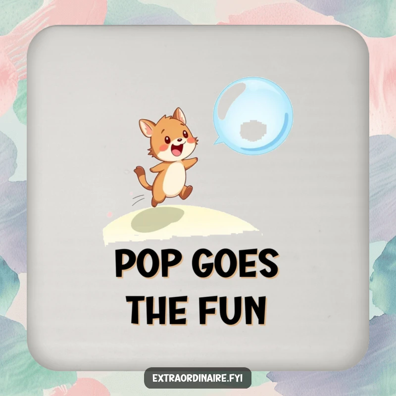Funny drink coaster with a cute animal character joyfully pursuing a large, iridescent bubble, adding whimsy to tabletops.