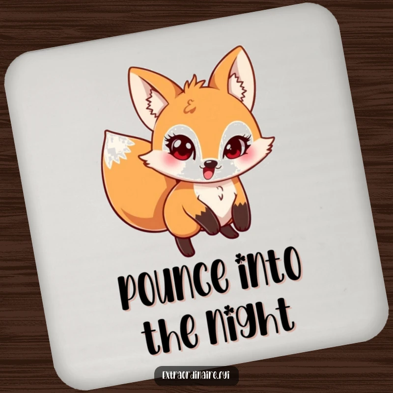 Funny Pouncing Fox Drink Coasters depicting a mischievous fox leaping with a twinkle in its eye, protecting surfaces with playful charm.
