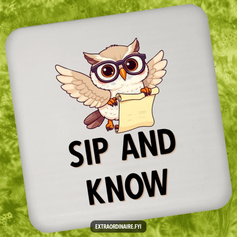 Funny owl scholar drink coaster featuring a beaming owl with spectacles and a scroll, smart home accessory.
