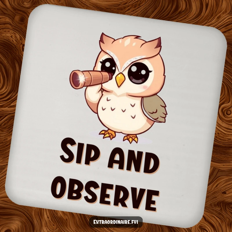 Funny Owl Drink Coaster: A curious owl character peers through a sparkly telescope.