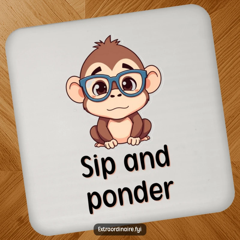 Funny monkey coaster, a silly monkey character with oversized glasses looking confused, protecting tabletops, humorous drink accessory.