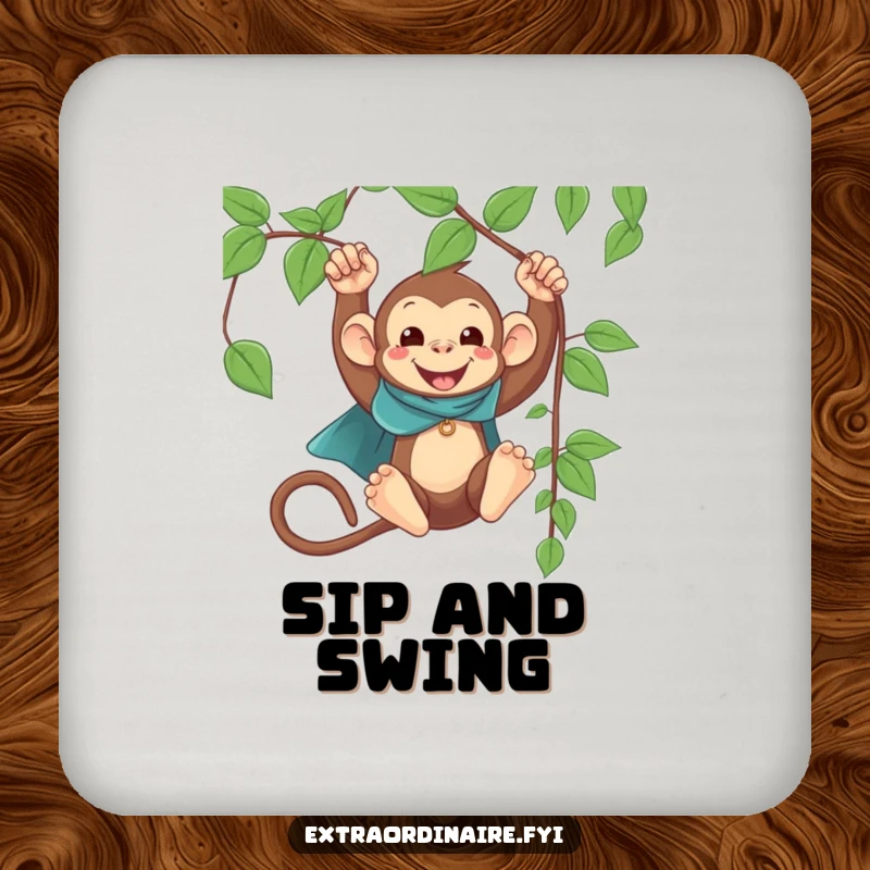 Funny Monkey Cape Swinging Coaster: A happy monkey in a tiny cape swinging from a vine, adding funny protection.
