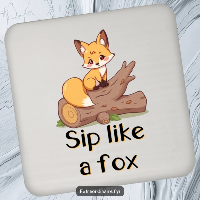 Funny drink coaster with a playful fox elegantly posing on a fallen log, adding a stylish touch.