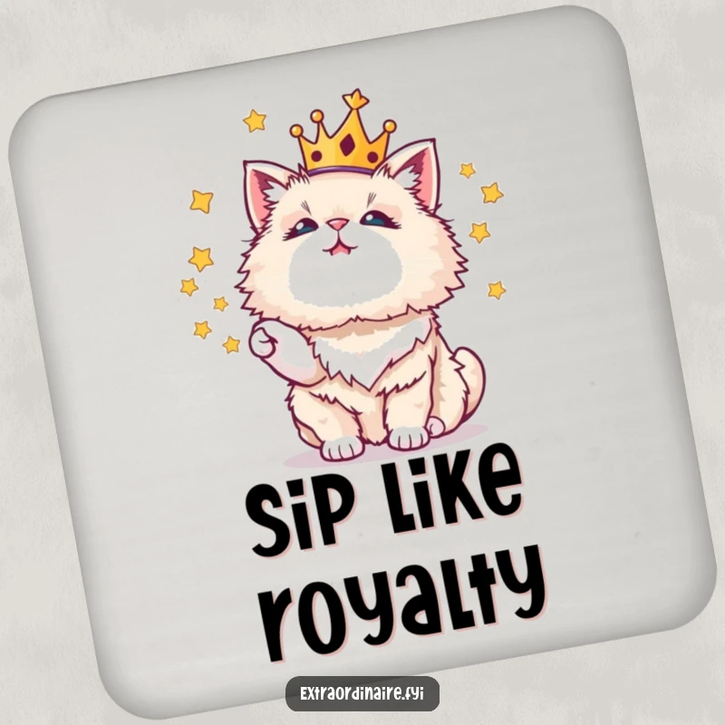 Funny set of drink coasters featuring a crowned cat juggling stars, bringing magic and humor.