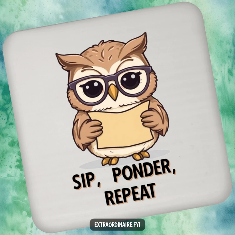Funny owl scholar coasters, a wise, bespectacled owl reading a scroll, adding refined humor to drink protection.