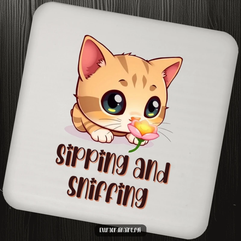 Funny drink coaster with a curious cat, huge eyes peering at a glowing flower, adding whimsical protection.