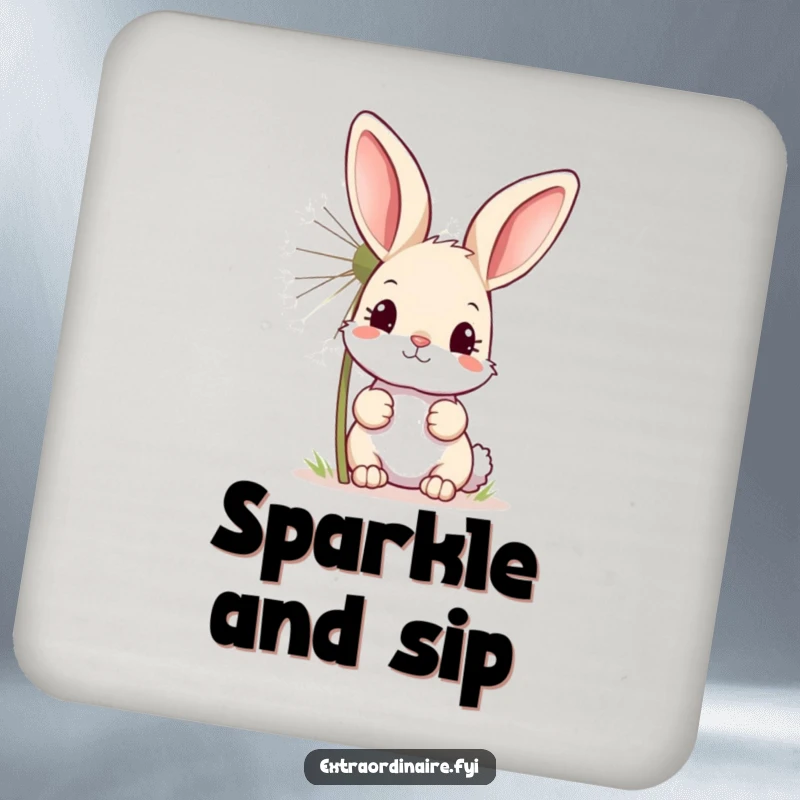 Funny coaster depicting a curious bunny peeking from behind a giant, sparkling dandelion, a charming surface protector.