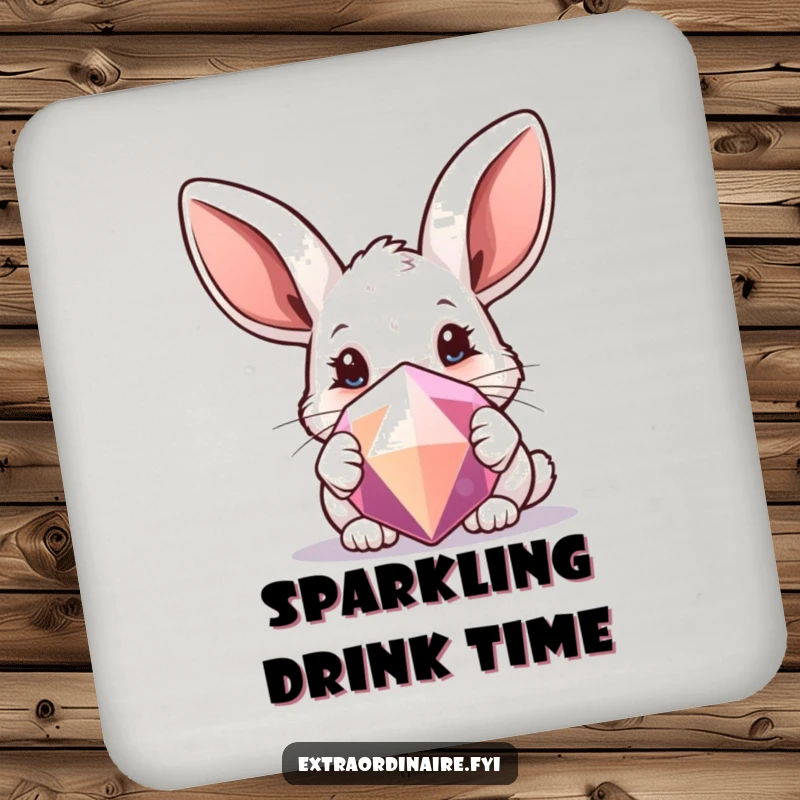 Funny drink coasters featuring a curious rabbit with large ears peeking from behind a sparkling gem.