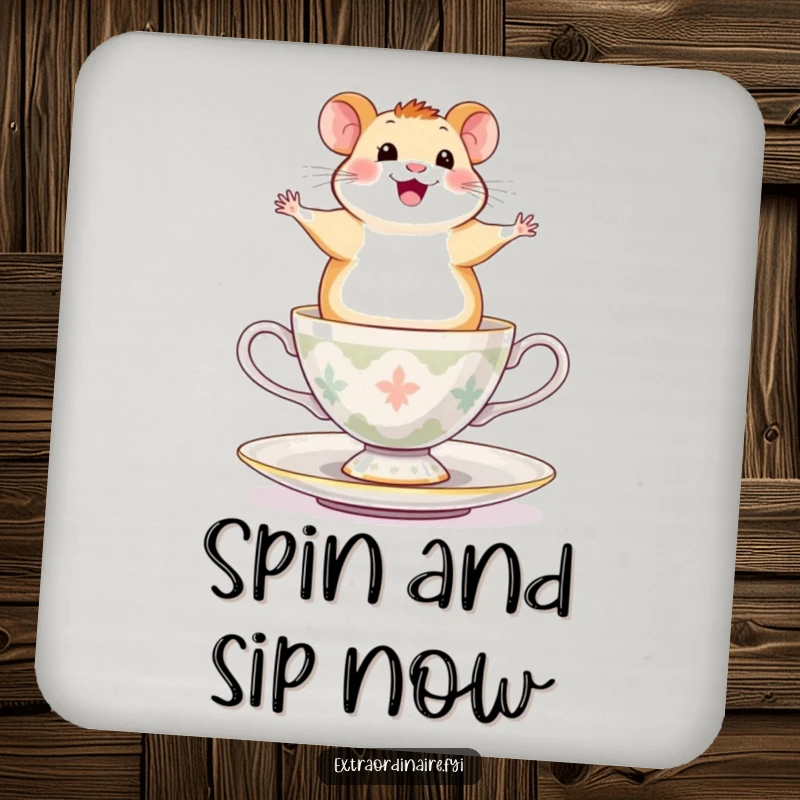 Funny Hamster Coaster: A happy hamster balancing on a spinning teacup, looking exhilarated, adding fun art to tables.
